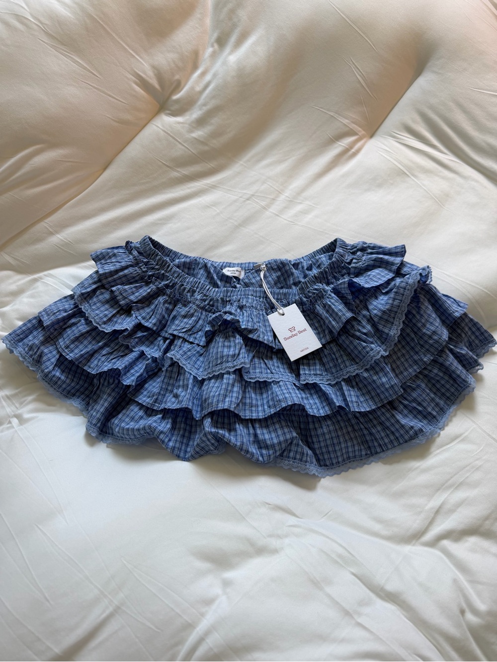 Aritzia Blue Plaid Ruffled Tiered Mini Skirt